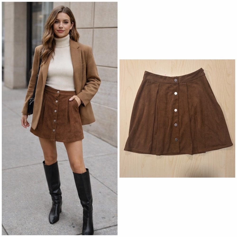 Zara Basic Brown Faux Suede Button-Front Mini Skirt XS